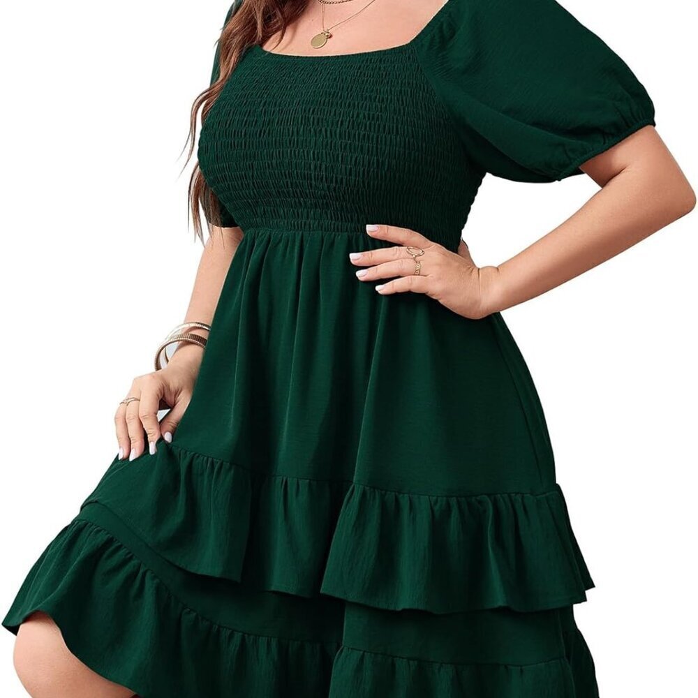 Plus Size Summer Dress Short Sleeve Tiered Ruffle Smocked Chic Casual